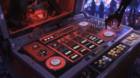 Hand-drawn illustration style — a retro arcade lined with old game cabinets in a dim, infernal “hell arcade.” Centered at a vint...