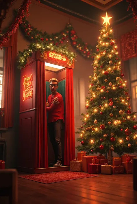 Create my picture as if I am in a New Years booth in 2026,with a very warm atmosphere.there is a Christmas tree next to me, and ...