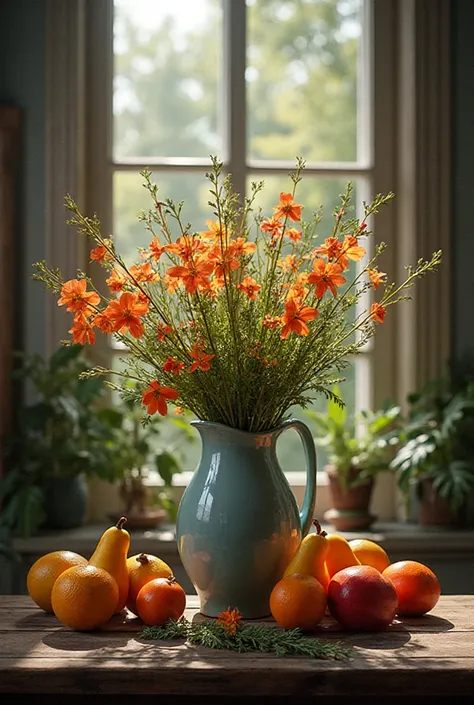flowers in a vase,
Jug, fruits on
tables, and behind them - a window or photo
natures. Consider and use
knowledge
how to do it r...