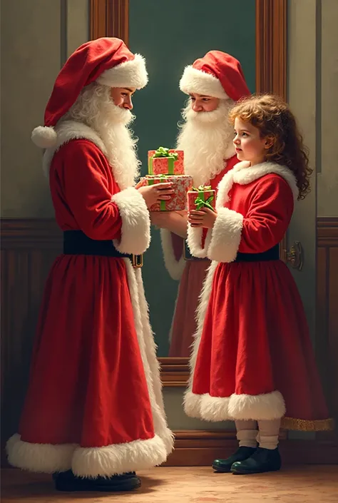 Generate a pixel-like image,The content was for the child to dress up as Santa Claus to give gifts to her mom,in front of the mi...