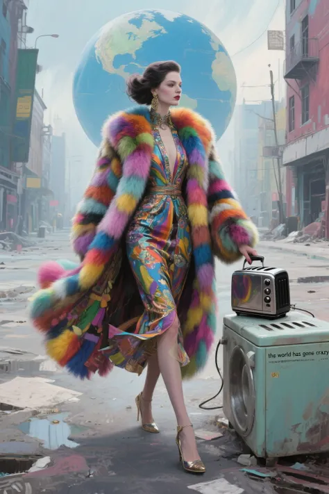 Realistic image of an elegant woman, wearing lots of clothes and a multicolored mink coat and walking a toaster through a desert...