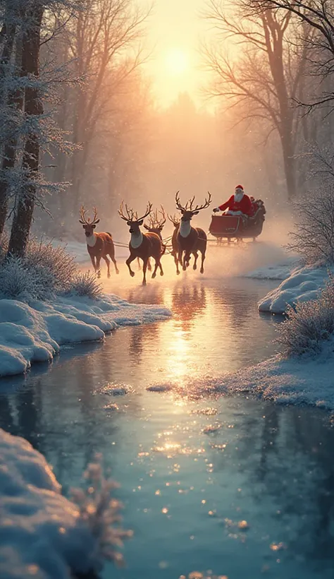 Santa and his reindeer flying low over a frozen river, the icy surface reflecting soft golden lights. Sparkling snow drifts in t...