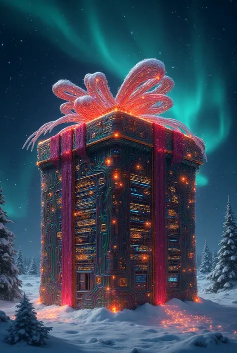 Santa Claus's server like a giant computer where he stores all the information with magical multicolored wiring and shaped like ...