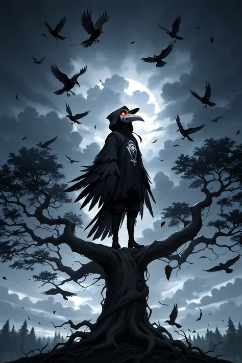 Raven (bird), plague doctor mask, human form, leafless tree, cloudy sky, illuminated art, epic pose
