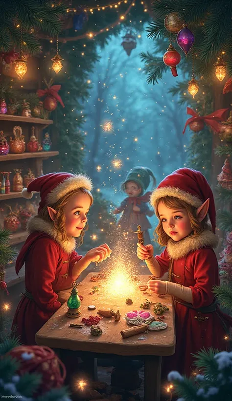 Create a scene of elves using magical tools to craft sparkling Christmas ornaments and toys