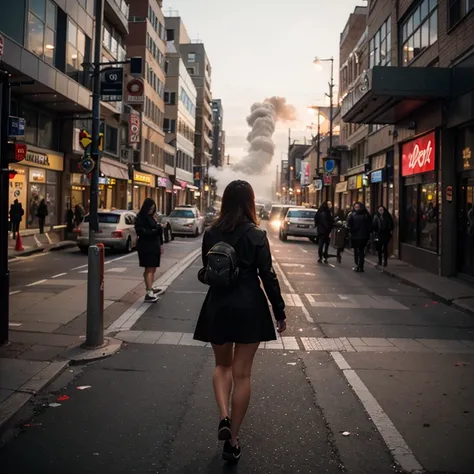 Long shot: girl walks forward breaking through crowd.

Drone aerial shot city full of smoke and red light sirens.