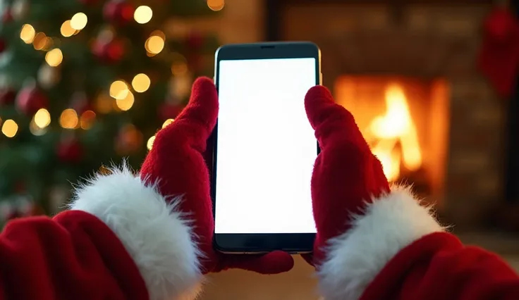 Santa two hand wearing santa glove holding smartphone with blank white screen on christmas tree and fireplace background