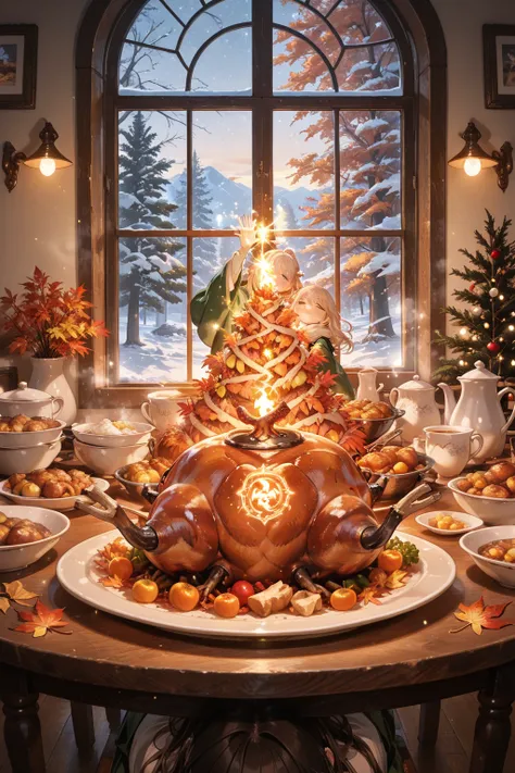 A warm, bustling Thanksgiving dining room glows with soft golden light. A family gathers around a long wooden table filled with ...