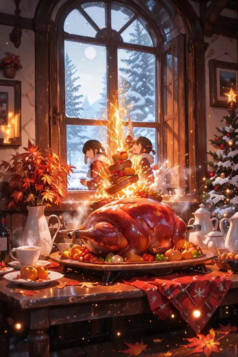 A warm, bustling Thanksgiving dining room glows with soft golden light. A family gathers around a long wooden table filled with ...