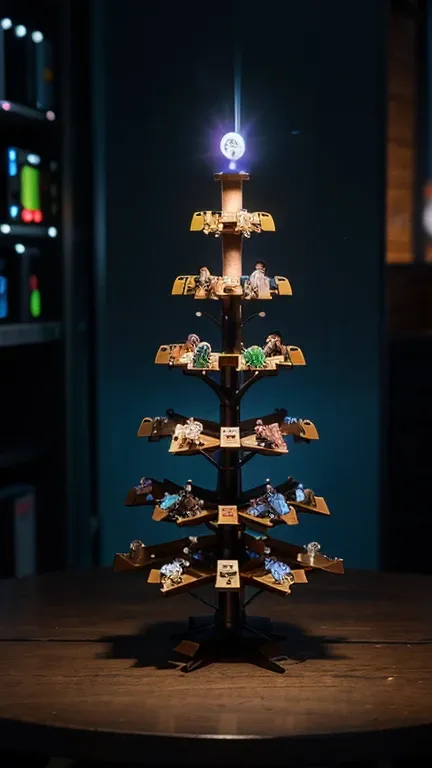 Create a vertical AI puzzle image with a futuristic metal tree shelf.  
Hide 7 tiny cartoon robots glowing in blue and purple.  ...