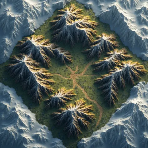 An isometric mountain landscape tile in the shape of a diamond, top view to create a strategic map, seamless texture with even e...