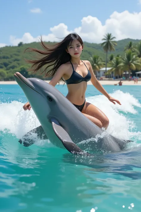 イルカでサーフィンする女性のリアルな写真