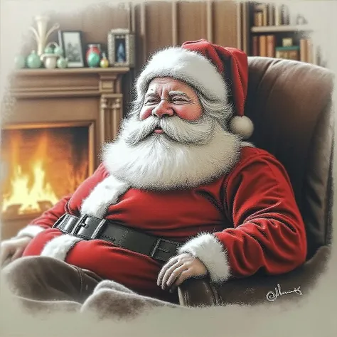 High quality pencil drawing of a Santa Claus resting before a long journey with gifts
