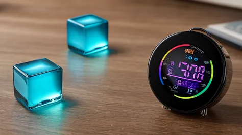Time-tracking smart timer on crystal cubes with floating countdown symbols. Size 16:9



