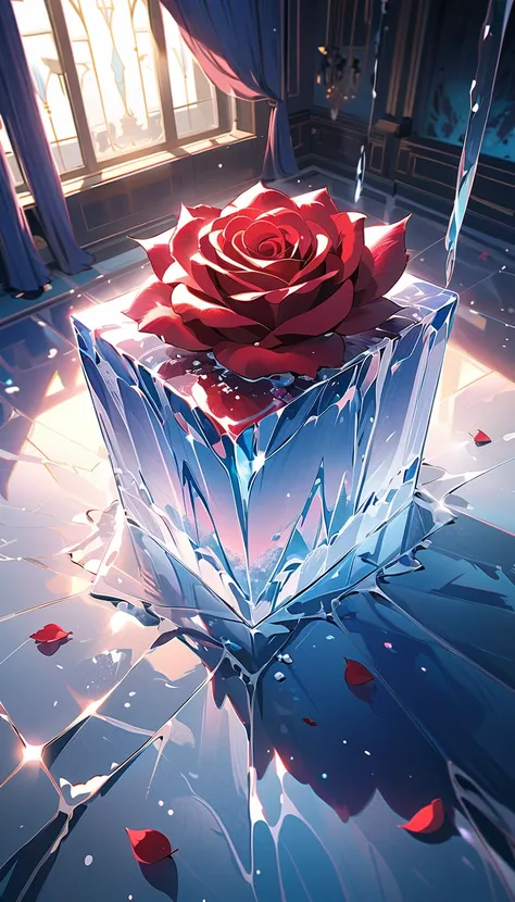  RAW Photo, ultra-detailed, a luxurious red rose with velvety petals and a graceful stem rests on an ice table in the center of ...