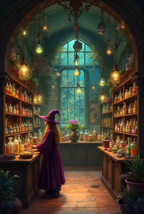 Make only the inside of a witch drug store with fairytale illustrations
