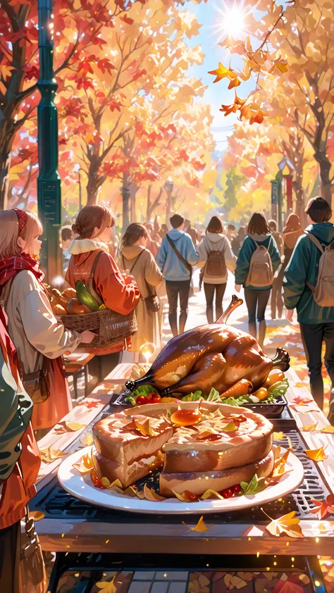 (masterpiece, best quality, ultra detailed),
Thanksgiving outdoor festival in a park,
families and friends walking among food s...