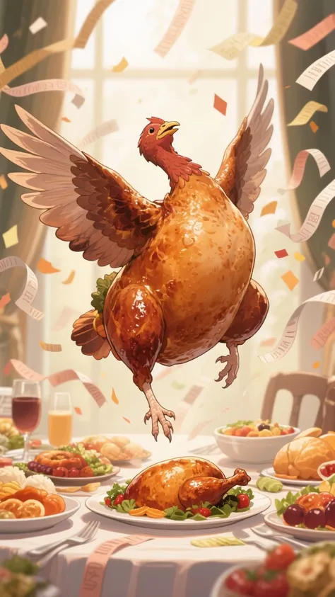 High-quality anime image、Delicious-looking roast turkey is flapping its wings and jumping up and down、On a table lined with gor...