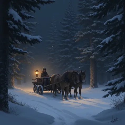 Cart with horses. It's snowing and dark
 night. PINES ARE A LOT OF PINES. FOREST 
snowy! Painting style. everything is in dark c...