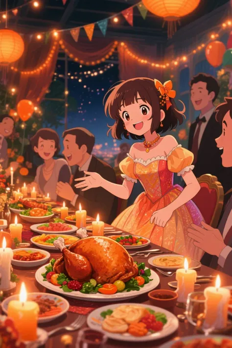 anime style、90年代ジャパニーズanime style、A warm Thanksgiving night in the air.、In a gorgeously decorated party venue,、a beautiful young...