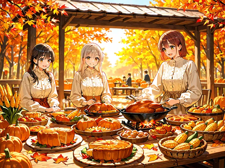 harvest celebration, golden hour, autumn scenery, rustic wooden table, roasted turkey, pumpkin pie, corn on the cob, harvest veg...