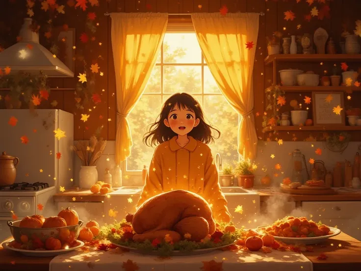 Warm & Wholesome Thanksgiving Miracle
“Anime-style young woman standing in a cozy wooden cabin kitchen as a warm golden light b...