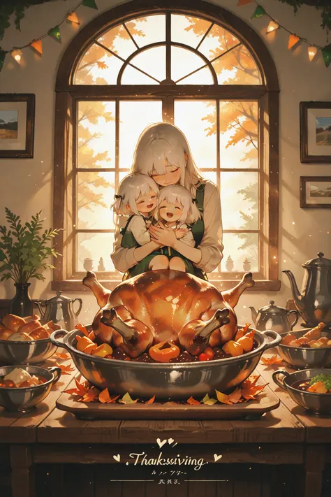 Photorealistic photograph, full shot, a dramatic composite image themed around a Thanksgiving feast, set in a warmly lit indoor ...