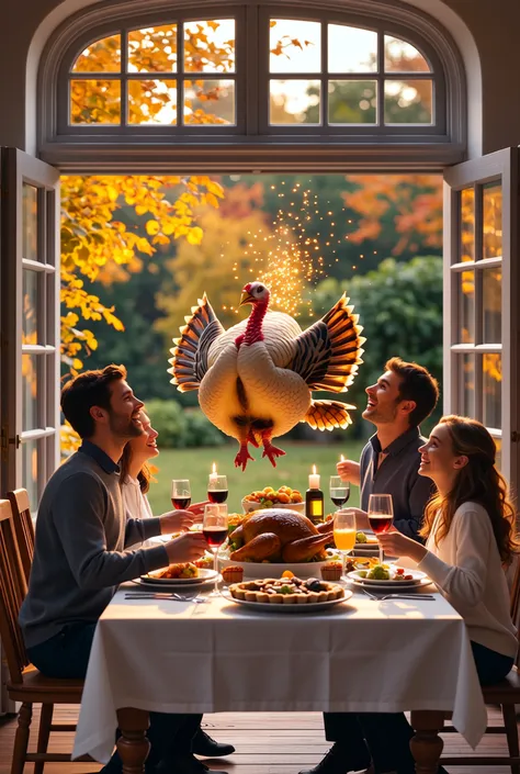 Thanksgiving dusk、Family Gathering in a Large Farmhouse Garden、A golden light flutters over the dining table the moment the turk...