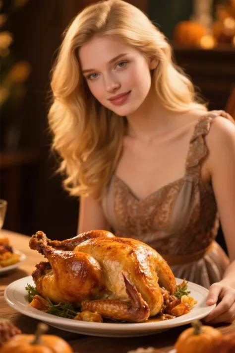 Realistic、Thanksgiving、Beautiful blonde、I have a plate with a roast turkey on it、It's full of delicious smell、