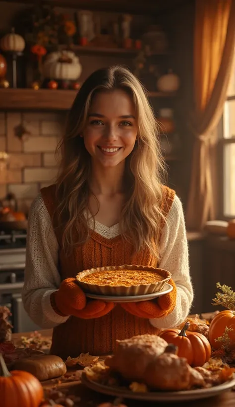 Young woman getting ready for Thanksgiving、Proudly holds pumpkin pie baked golden by hand wearing mittens、Scents of cinnamon and...
