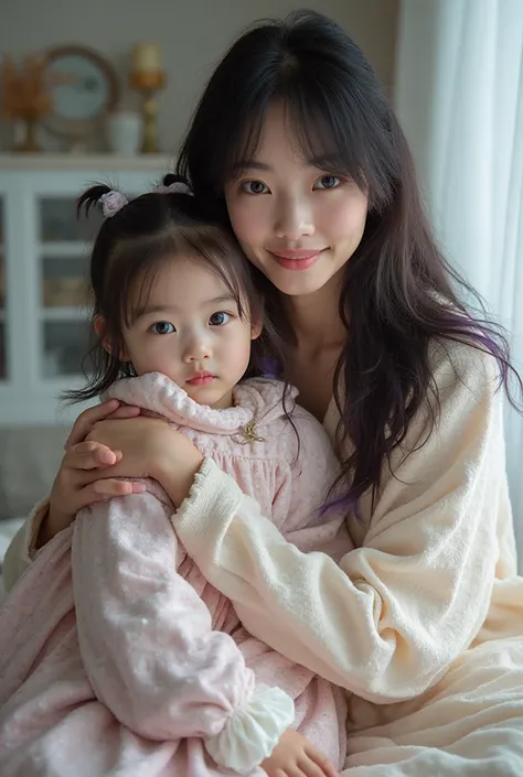 Beautiful Japanese woman , young, embraces her daughter, a beautiful Japanese girl, sitting next to him ,The Japanese girl is ve...