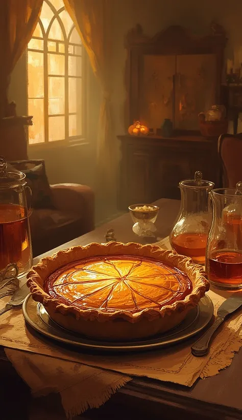 ARTscuro,A cozy Thanksgiving living room scene. A warm, golden glow gently emanates from the traditional pumpkin pie, illuminati...