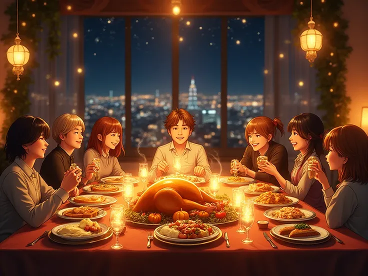 anime style, warm festive atmosphere, glowing night cityscape visible through large windows, gentle illumination from lanterns a...