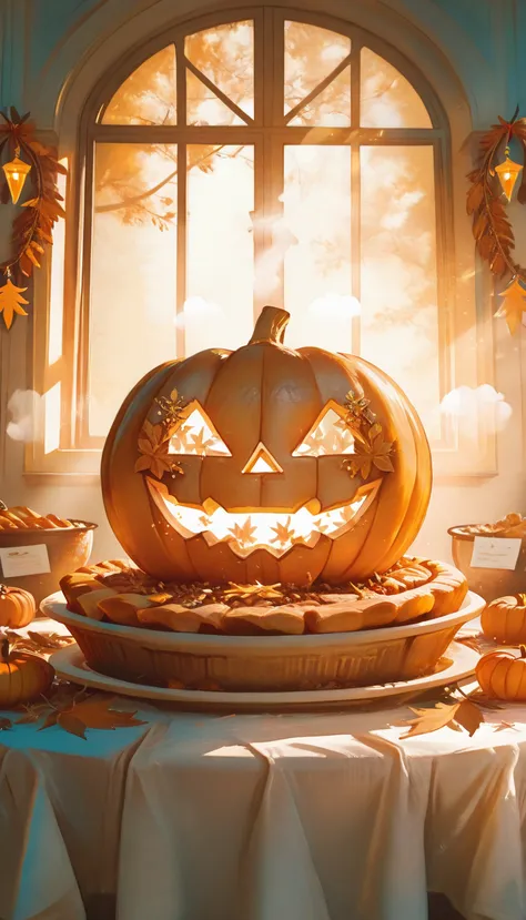 a thanksgiving miracle: a family gathered around an ornately decorated table, sharing a bountiful feast, sunlight streaming thro...