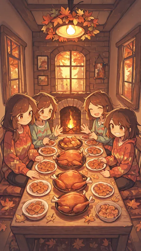 High Quality, Greatest Masterpiece, detailed down to the smallest detail, Thanksgiving Family Gathering, Large Dining Table, Tur...