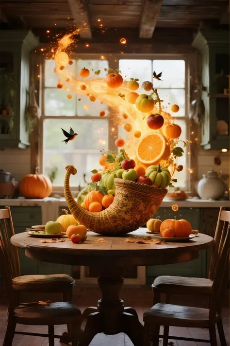 vibrant festive digital artwork of an ornate cornucopia bursting open in a miraculous flash, spilling glowing fruit and vegetabl...