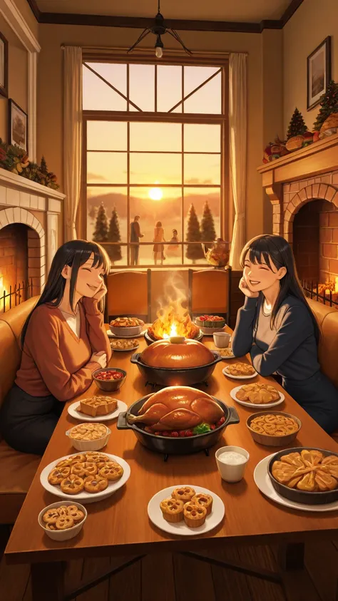 High Quality, masterpiece, Ultra High Definition, Thanksgiving Dusk Family Gathering, Big Dining Table, Gourmet Turkey Dish, Han...