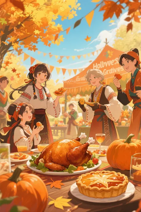 anime style Harvest Gratitude Festival roast turkey Pumpkin Pie Party autumn