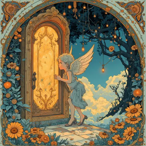 A romantic, mystical cut-paper silhouette–inspired scene in full color, featuring a close-up of a Cupid with soft angel wings ge...