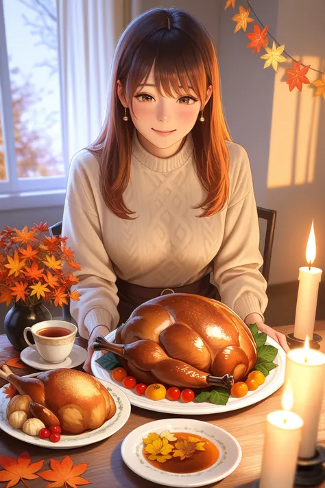 Thanksgiving Day Festival, The family is happily sitting around with a freshly baked turkey on the table. warm lighting, Happy E...