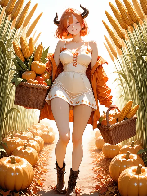 beautiful, 748cmStyle , (masterpiece:1.3), (vibrant harvest colors), A cute 19-year-old girl , medium hips and medium breasts, ...