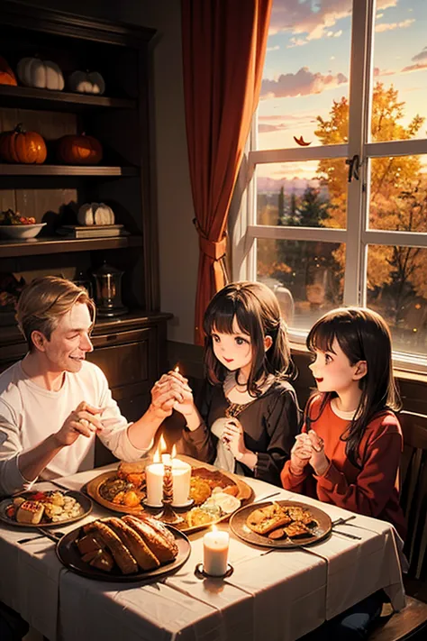 High Quality, masterpiece, Ultra High Definition, Thanksgiving dinner table, Family gathering, warm light, Turkey cooking , Pump...