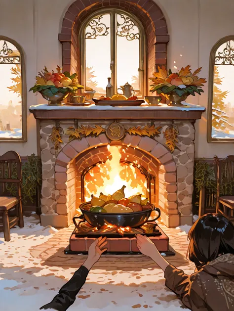 top quality, Masterpiece, 8K Wallpaper, Miraculous Moment of Thanksgiving, Snow falling outside the window, Family gathering in ...