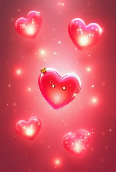 “Floating glowing hearts in TikTok-like 'love' effect style, each heart with a small golden crown and heart-shaped eyes, cute ae...