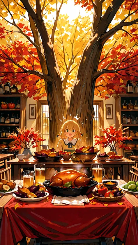 Masterpiece, Superb quality, Precise Details, thanksgiving miracle, on a clear autumn day , A large farmyard, long table with ...