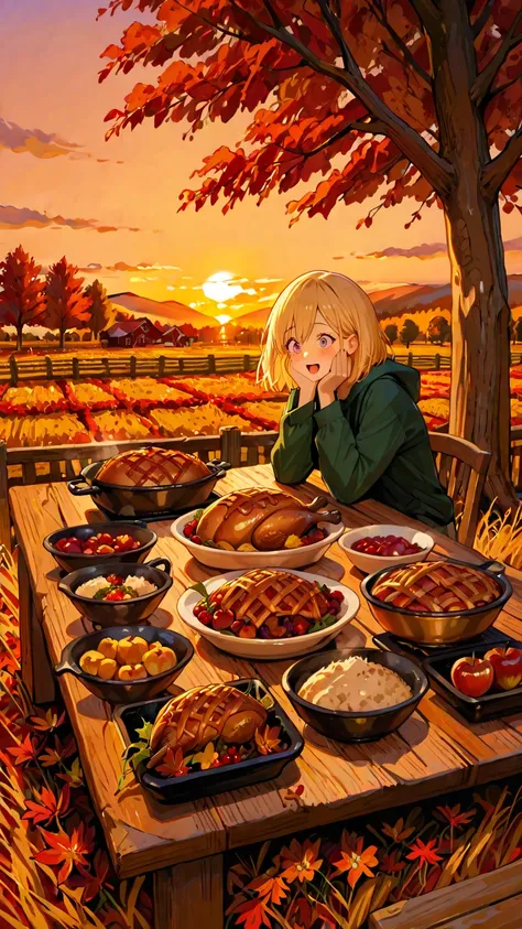 top quality, Artwork, Ultra High Definition, thanksgiving miracle, farm at dusk, Big Wooden Table, A Gathering for the Whole Fam...