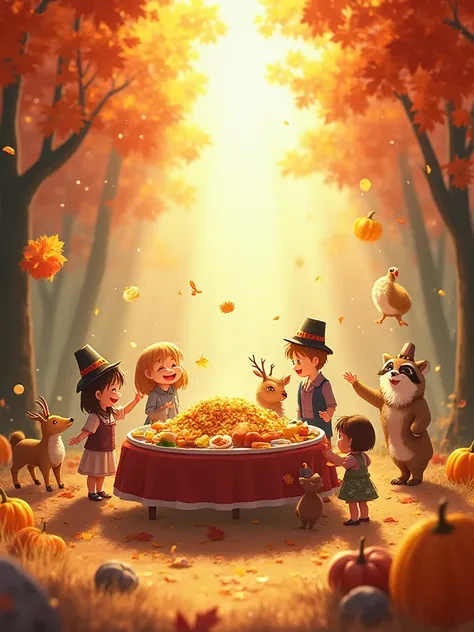 Cute anime style, bright Thanksgiving day miracle, sunny autumn forest clearing, a huge colorful feast table magically floating ...