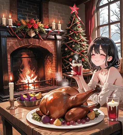 large fireplace。Naked and open girls Black Hair Long Wrap
dining room with a large fireplace in the center of a long wooden tab...