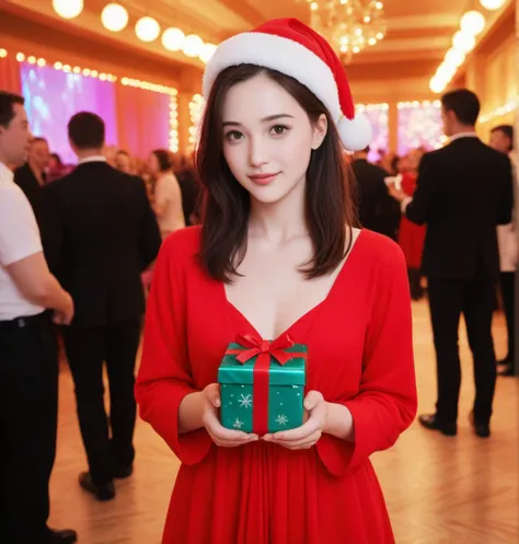 holidays, woman, BEAUTIFUL,  party, with a gift, realist, at the Disco party, red cloths, 