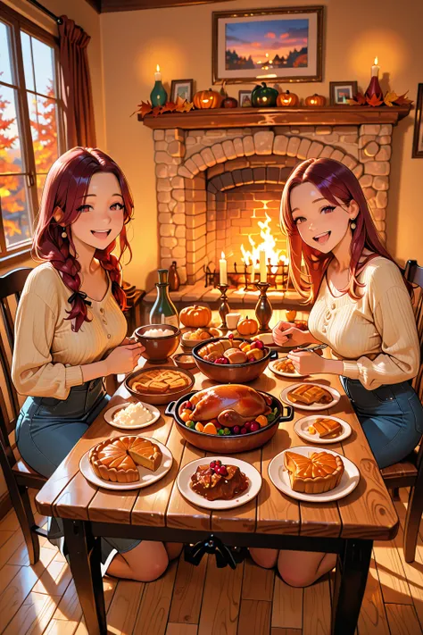 High Quality, masterpiece, Ultra High Definition, Thanksgiving Day Celebration, Dining Table Lined with Fine Food, roast turkey,...